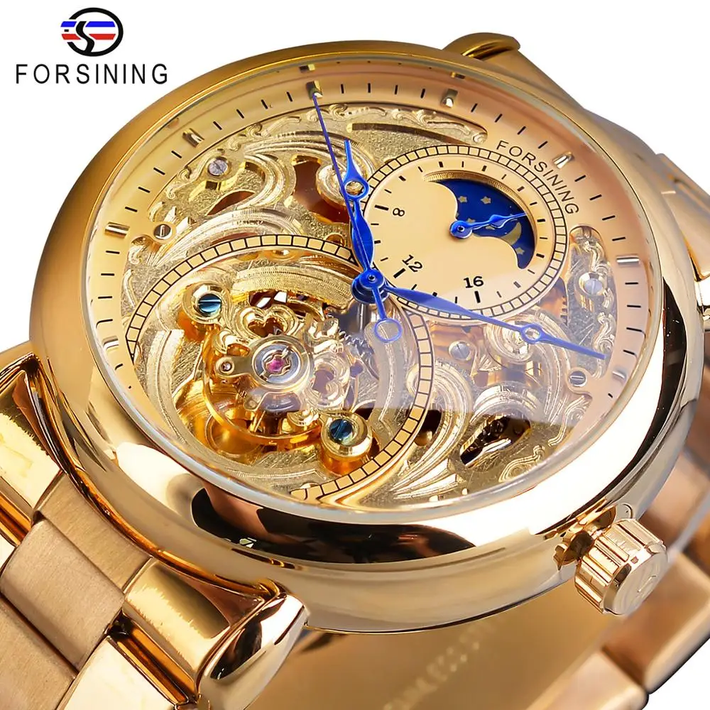 

Forsining Men's Watches Golden Moon Phase Automatic Mechanical Watch Clock Stainless Steel Band Retro Wristwatch Relojes Hombre