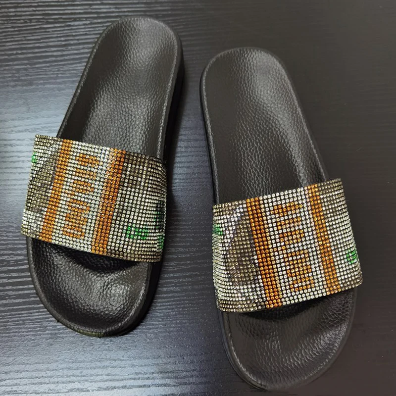 

New Women Luxury Crystal Diamond Slippers Fashion Bling USD Money Dollar Bags Ladies Party Evening Clutch Jelly Purse Set Hot