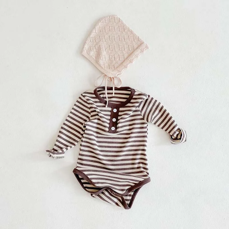 

Baby Bodysuit Boys Girls Autumn Baby's Striped Knitted Button Bodysuit Baby's Long Sleeve Ribbed Jumpsuit