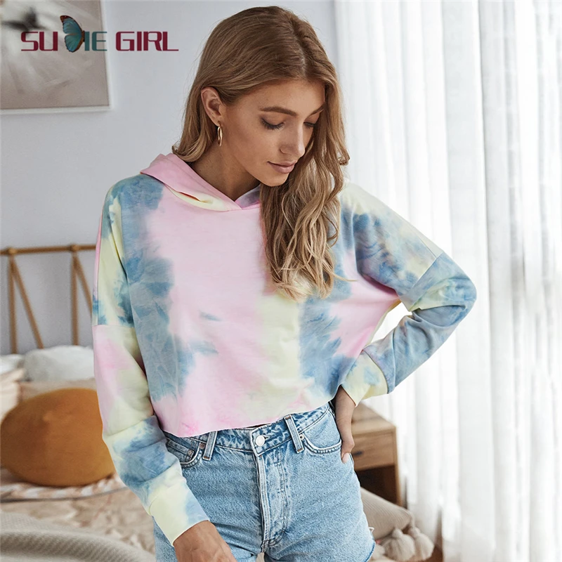 

SUDIE Girl Autumn classic women's fashion tie-dye short hooded top long sleeve casual style printing new product
