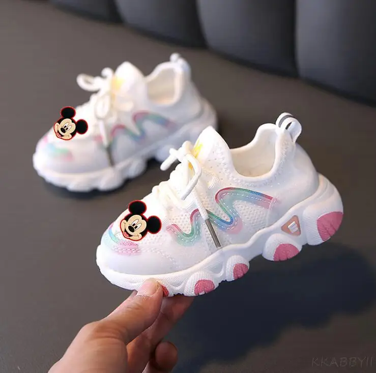 Кроссовки детские осенние белые сетчатые с Микки и Минни Маус | Детская одежда