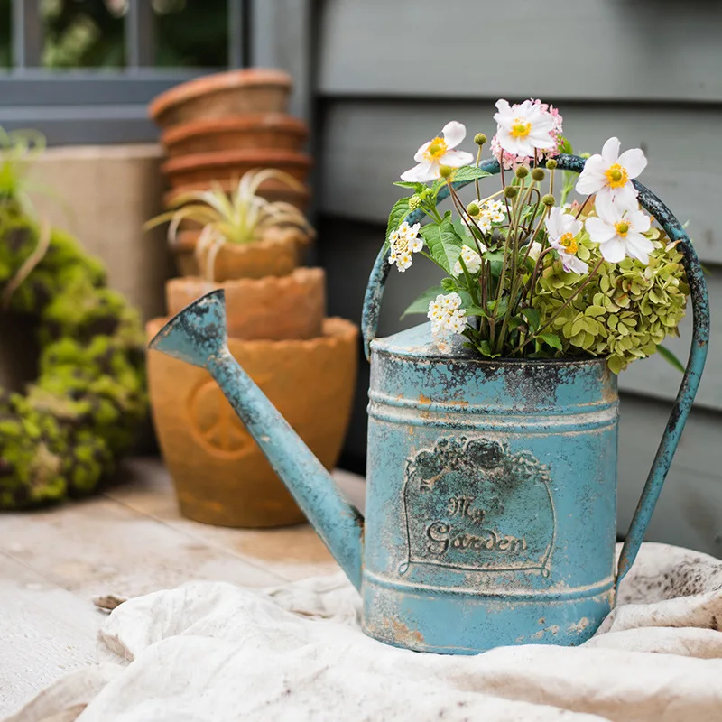 Maceta de flores para jardiner&iacute;a, regadera de lata Retro nost&aacute;lgica, adornos decorativos, macetas de flores, cesta de flores para jard&iacute;n-0