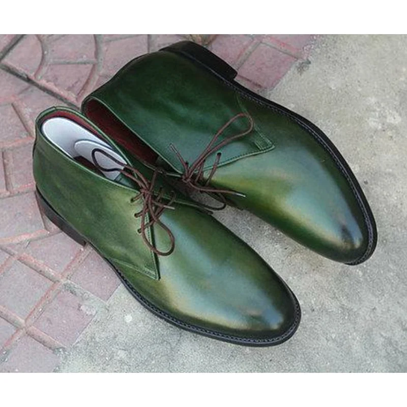 

PU Leather Green Classic Men Boots Lace Up Round Head Low Heel Fashion Spring and Autumn Comfortable chaussure homme KB239