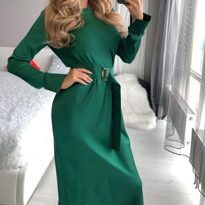 

Fashion Satin Midi Women Dress Long Sleeve o Neck Belt Bodycon Slim Sexy Party Cub Long Dress 2020 High Waist Elegant Dress