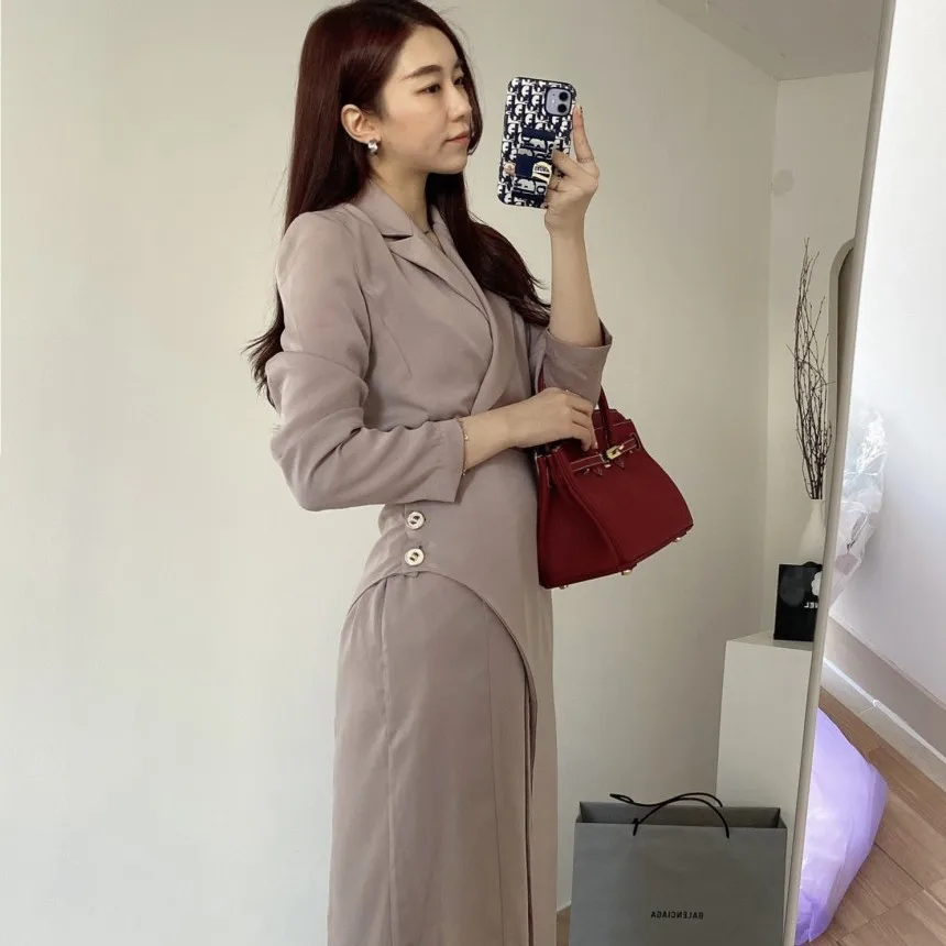 

Korean Chic French Style Design Side Button Waist-Tight Slim Fit Sweet Elegant Mid-Length Lapel Dress for Women