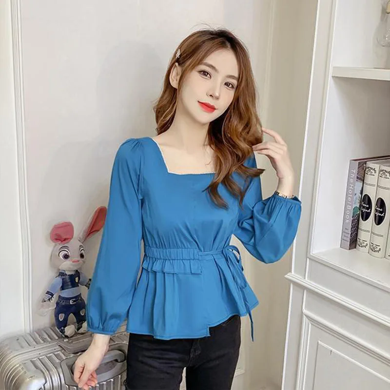 

Women's Spring Autumn Style Chiffon Blouse Shirt Solid Color Lace Up Puff Sleeve Elegant Sweet Tops SP980