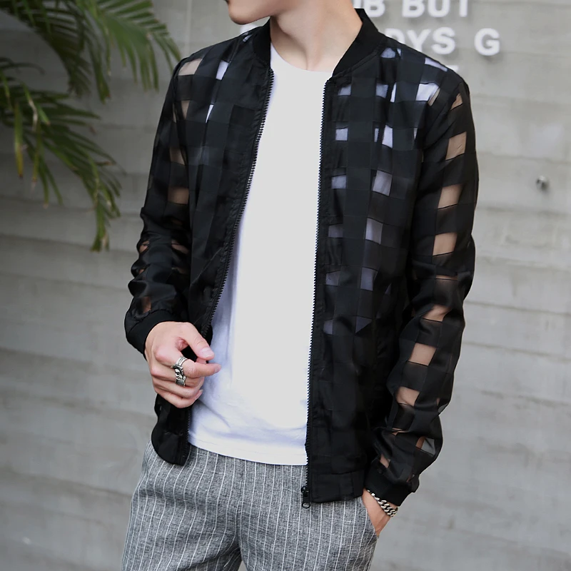 

Pierced Transparent Bomber Jacket Men 2021 Sun Protection Clothing Windbreaker Summer Thin Men Plaid Jackets Slim Fit Mens Coats