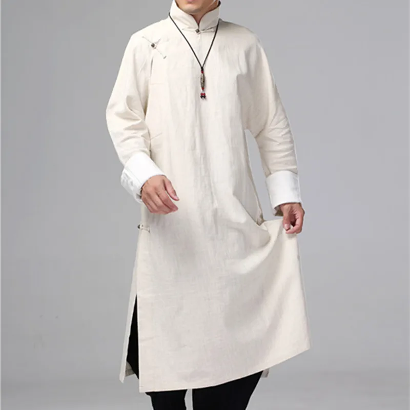 

Helisopus Men's Linen Long Dress Shirt Traditional Chinese Kung fu Linen Shirt Casual Vintage Male One Piece Clothing