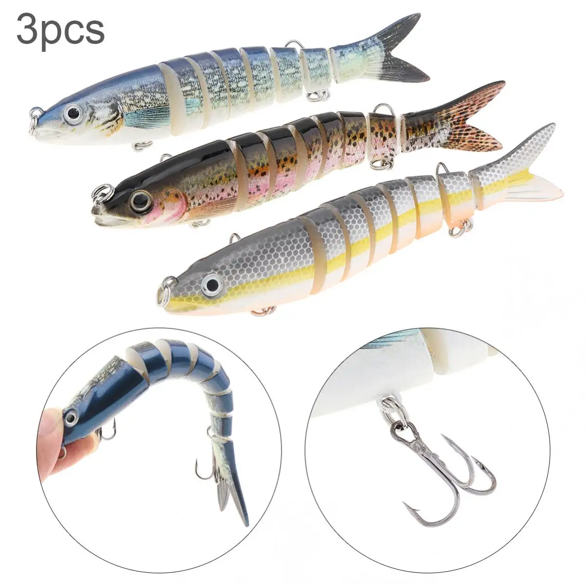 

3pcs 8 Segments Colorful Fishing Lures 13.5cm 19g Fish Minnow Swimbait Tackle Hook Crank Bait