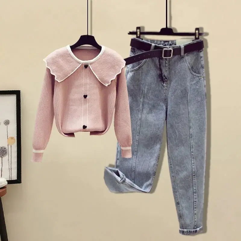 

Women 2021 Autumn New Two Piece Sets Female Knitted Pullover Sweater Tops Ladies High Waist Harem Denim Pants Suits P202