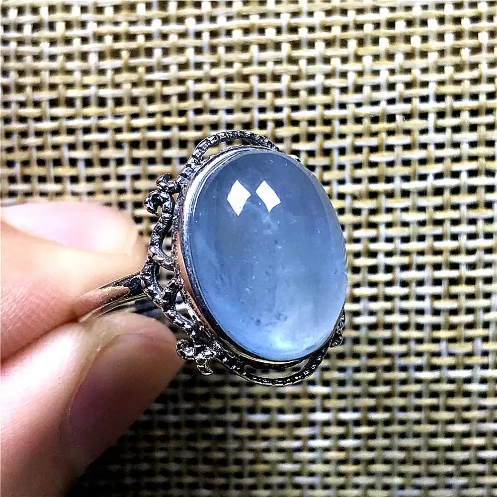 15x12mm Top Natural Ocean Blue Aquamarine Ring Silver Sterling Jewelry For Woman Man Crystal Beads Stone Adjustable AAAAA | Украшения и
