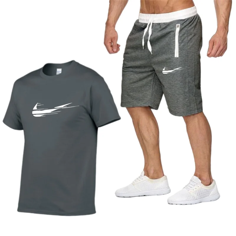 

2021 summer men's T-shirt set 2-piece men's sportswear set 100 cotton sports fitness high quality T shirt + shorts men suit