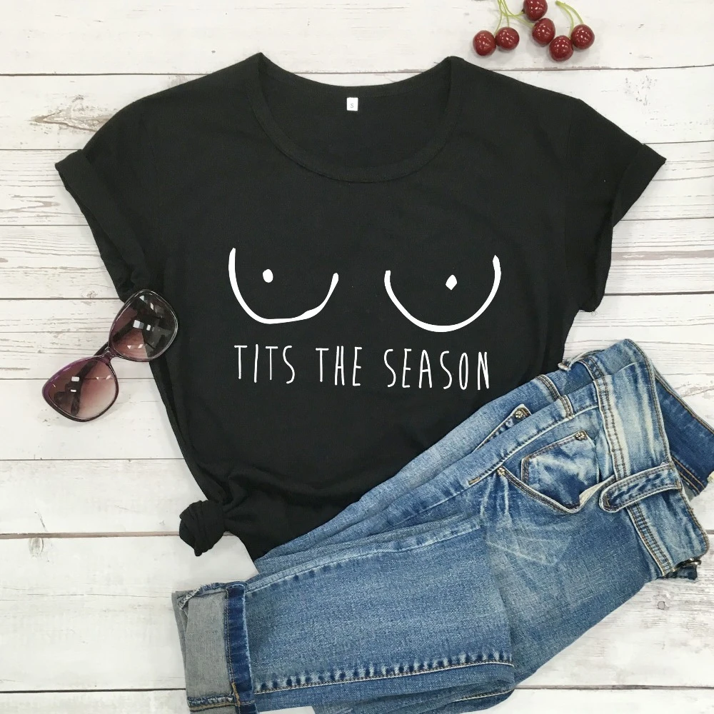 

Tits The Season, забавная Рождественская футболка с лозунгом, женская мода, графический Забавный молодой хипстер, kawaii, уличные футболки, винтажные топы-L273