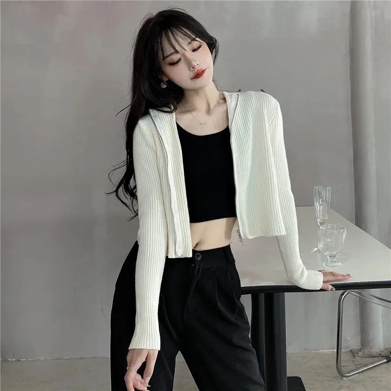 

Summer zipper women's hooded sweater retro solid color long-sleeved short autumn sweater hoodie women all-match casual jacket