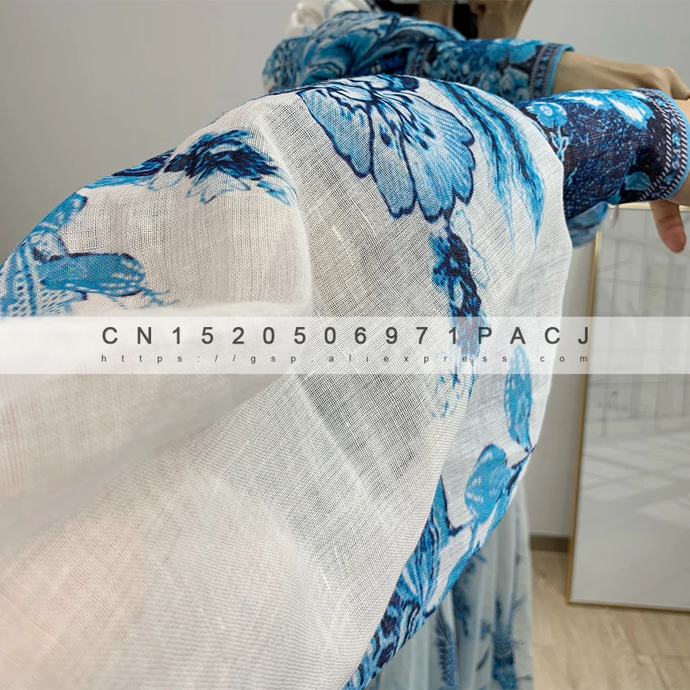 ZM high-quality retro ethnic wind Linen silk blue phoenix print stand collar lantern sleeve dress | Женская одежда