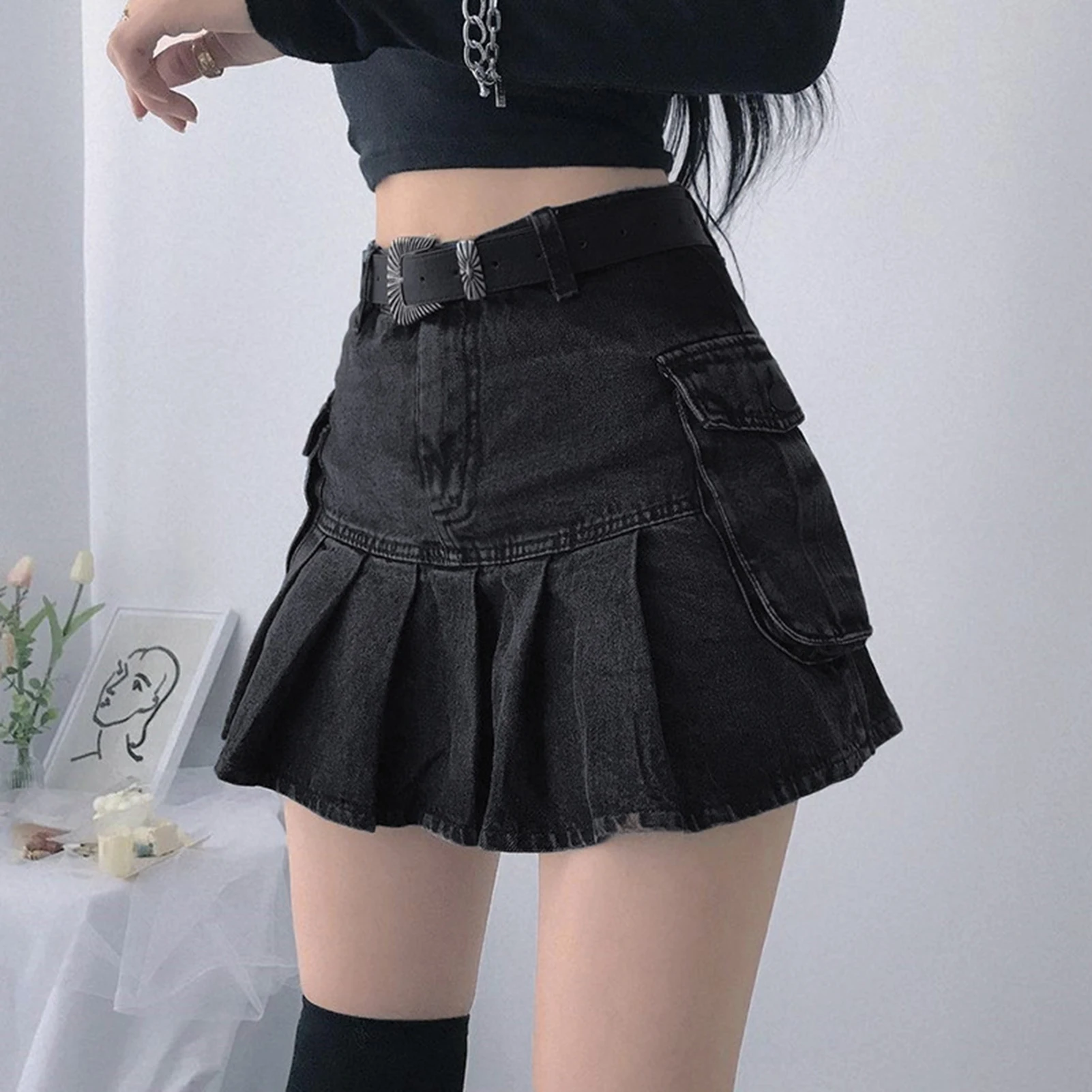 

Women Pleated Skirt Korean Style Chic Fashion Elegant Slim A-line Dress High-waist Solid Simple Slim All-match