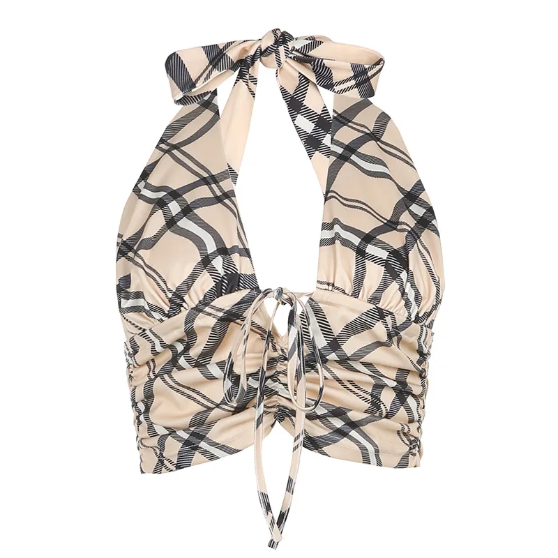 

Zoulv Spring New Sling Hanging Neck Tie Retro Plaid Openwork Backless Sexy Pleated Vest Casual Fashion Beach Party Jacket Tops