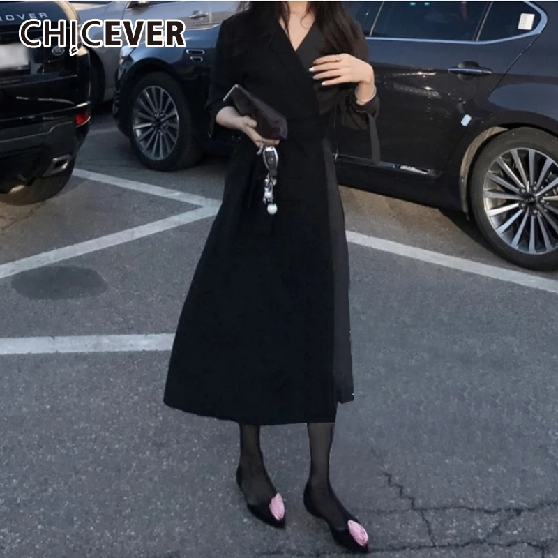 

Платье миди CHICEVER женское Винтажное с отложным воротником, длинным рукавом, высокой талией и поясом, свободного кроя, одежда черного цвета, ...