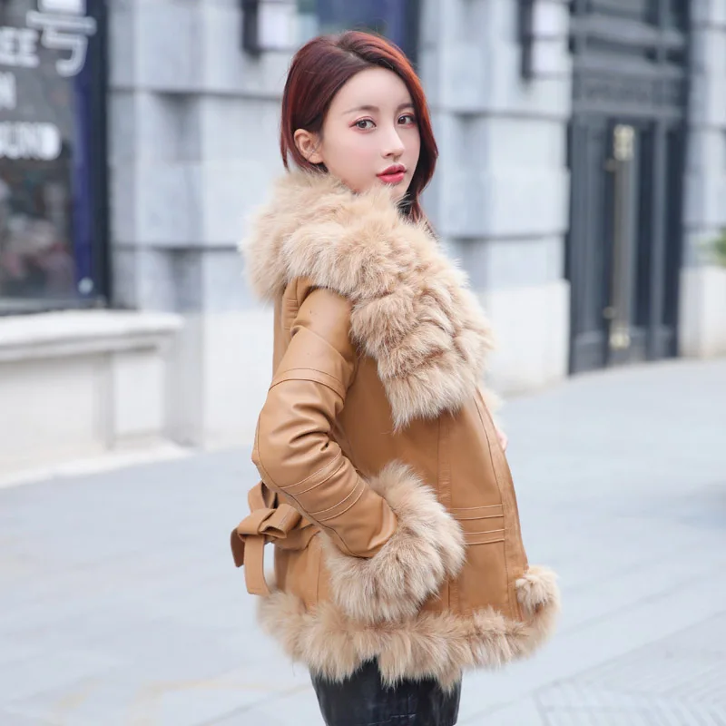 

Winter Sheepskin Fox Fur Coat Women Runway Elegant OL Belt Short Real Fur Jacket Slim Genuine Leather Fox Fur Collar Outwear