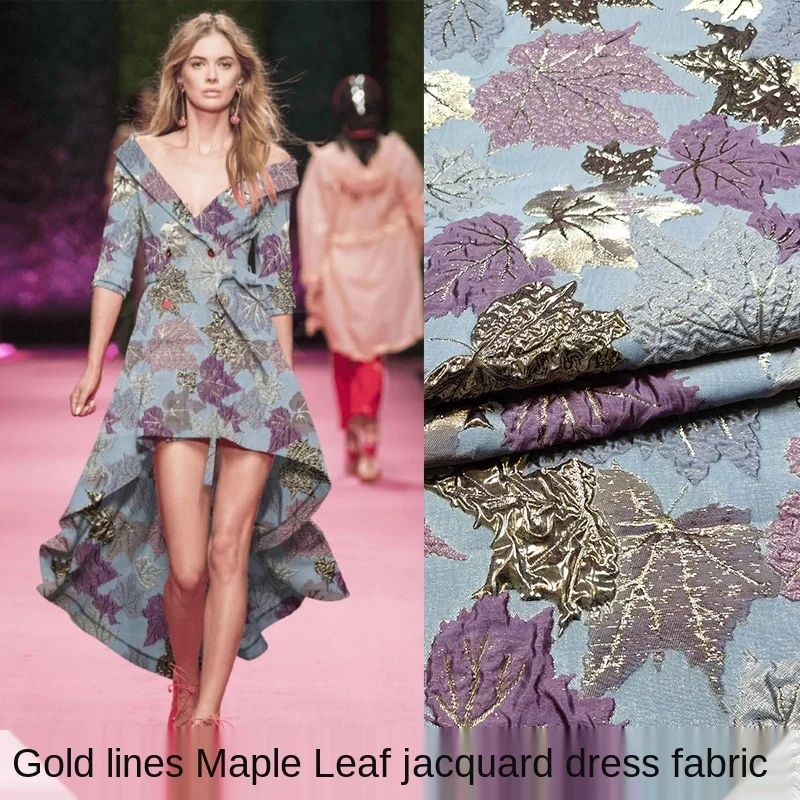

European yarn-dyed three-dimensional jacquard dress fabric autumn retro maple leaf dress brocade designer fashion fabric