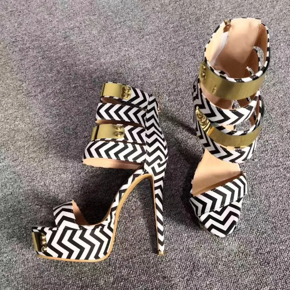 

Plus Size 46 47 Fashion Ladies Platform Sandals Thin High Heels Open Toe White Black Striped Metal Decor Shoes Women Catwalks