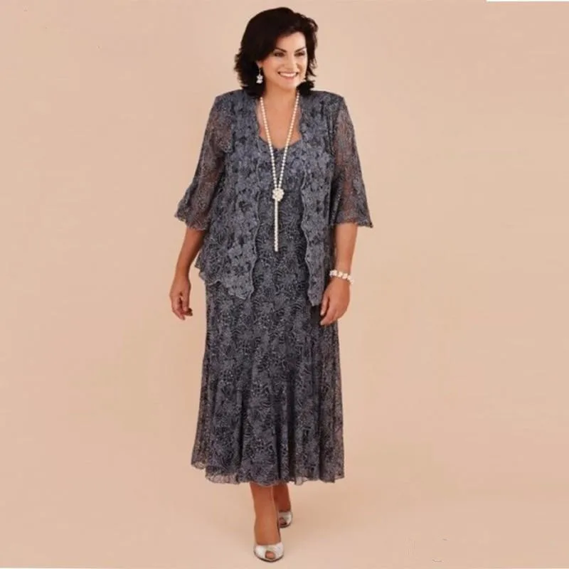 

Plus Gray Lace Tea Length Mother of the Bride Dresses With Jacket Bride Mother Weddings Party Dress Formal vestido de renda