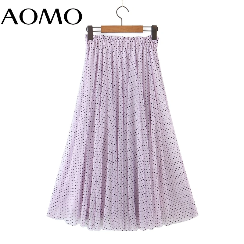 

AOMO Women Purple Mesh Midi Skirt Faldas Mujer Vintage Strethy Waist Office Ladies Elegant Chic Mid Calf Skirts 8H12A