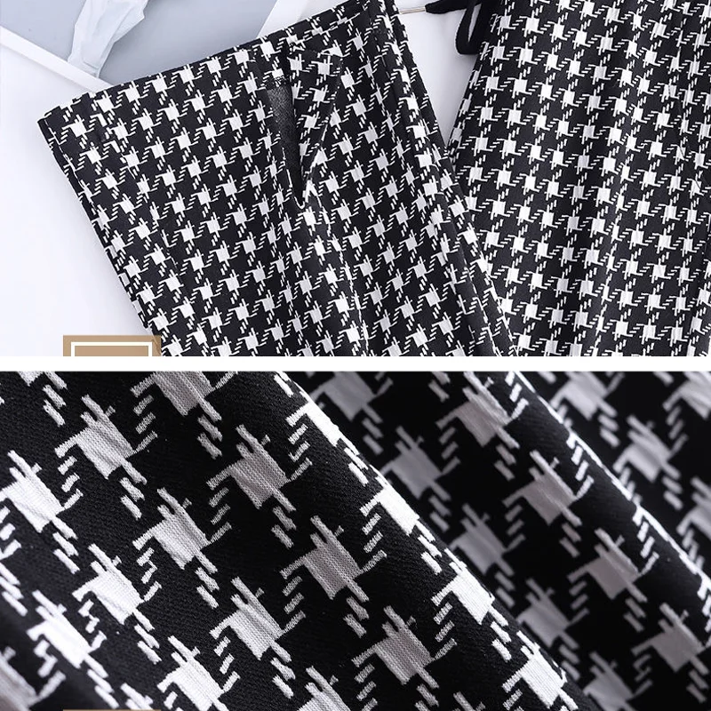 Vintage Split Houndstooth Flare Pants Women Slim Lace Up High Waist Pantalones 90-95cm Ankle Capris Elegant Bell-Bottom Trousers