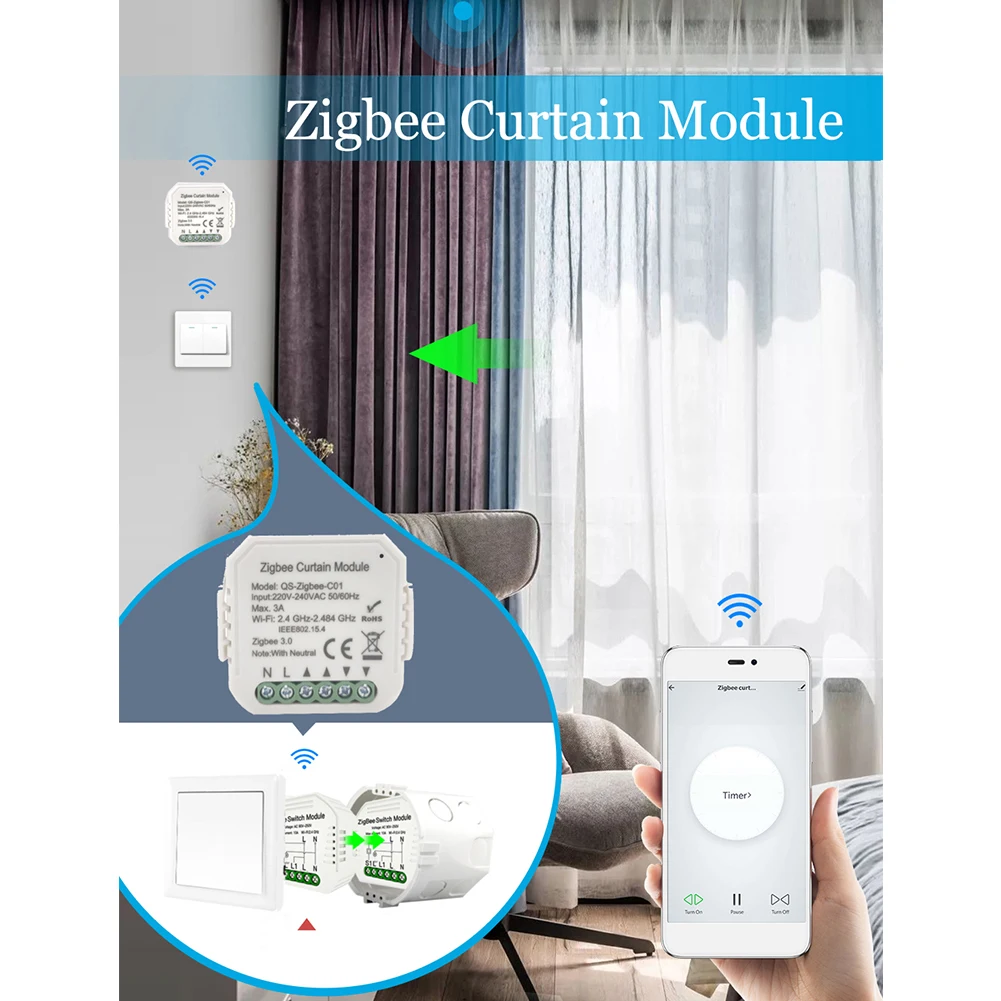

Remote Control Practical Curtain Switch Module Zigbee App With Timer Easy Install Wireless Family Sharing For Roller Shutter