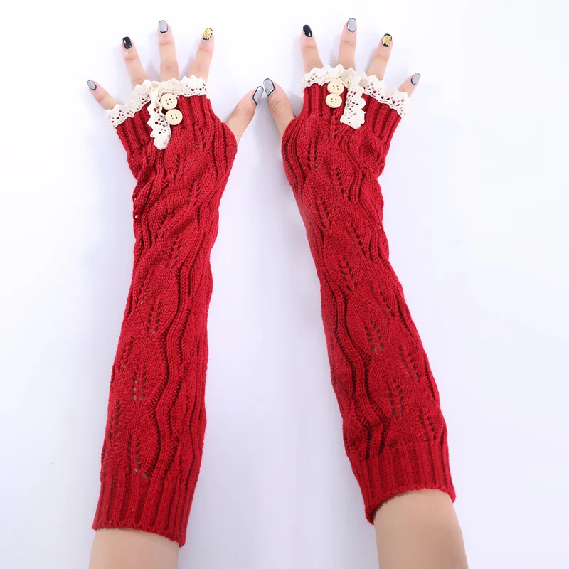 

Women Fashion Autumn Winter Warm Ladies Girl Solid Lace Gloves Arm Warmer Long Fingerless Knitting Wool Twist Hollow Mittens