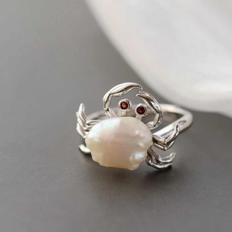 

Handmade Creative 925 Sterling Silver Delicate Cute Little Crab Trendy Natural Freshwater Baroque Pearl Resizable Opening Rings