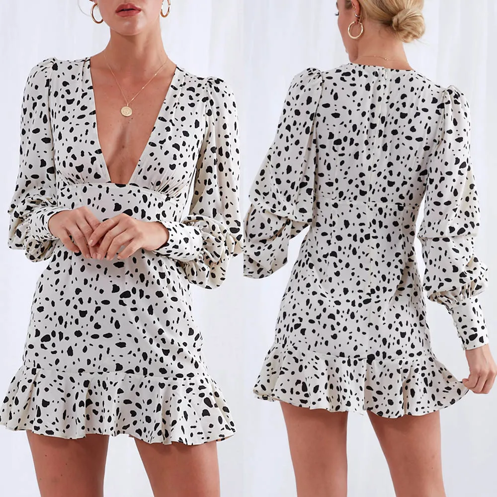 2019 летнее осеннее элегантное платье с оборками принтом сексуальное v-образным