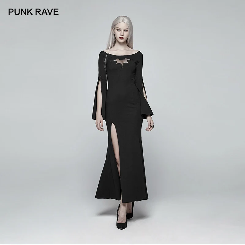 Женское готическое платье в стиле Панк RAVE длинное черное с принтом летучая мышь