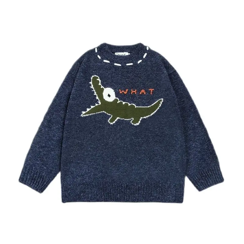 

2021 Cartoon Croc Print Harajuku Men Royal Blue Knitted Sweater Casual Women Punk Gothic Pullovers Korean Fashion Clothing Ropa