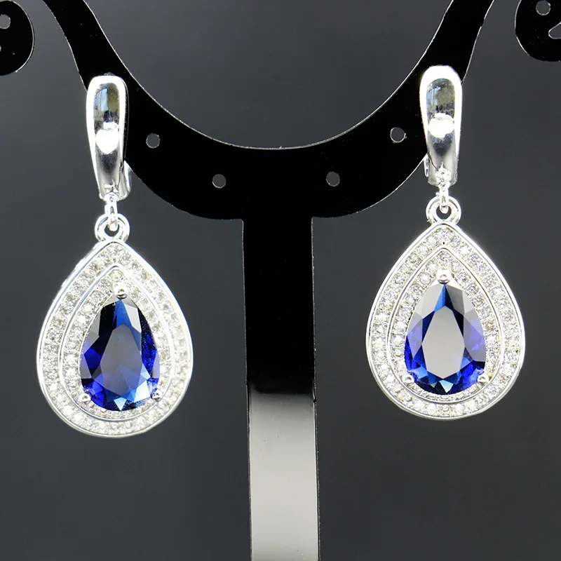 

JoiasHome Fashion 925 Sterling Silver Jewelry Set Blue Sapphire Gemstones Heart Shaped Drops Bridal Accessories 4pcs/Lot
