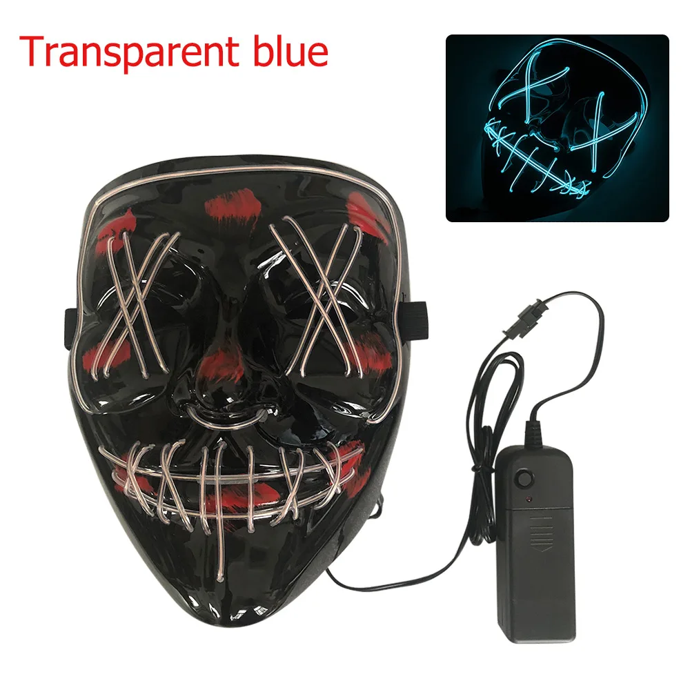 transparent blue Светодиодная маска на Хэллоуин вечеринку светодиодная маска маскарадные маски неоновая маска светящаяся Косплей светодиодные маски для костюмов светодиодный провод вверх рейв - Цвет: transparent blue