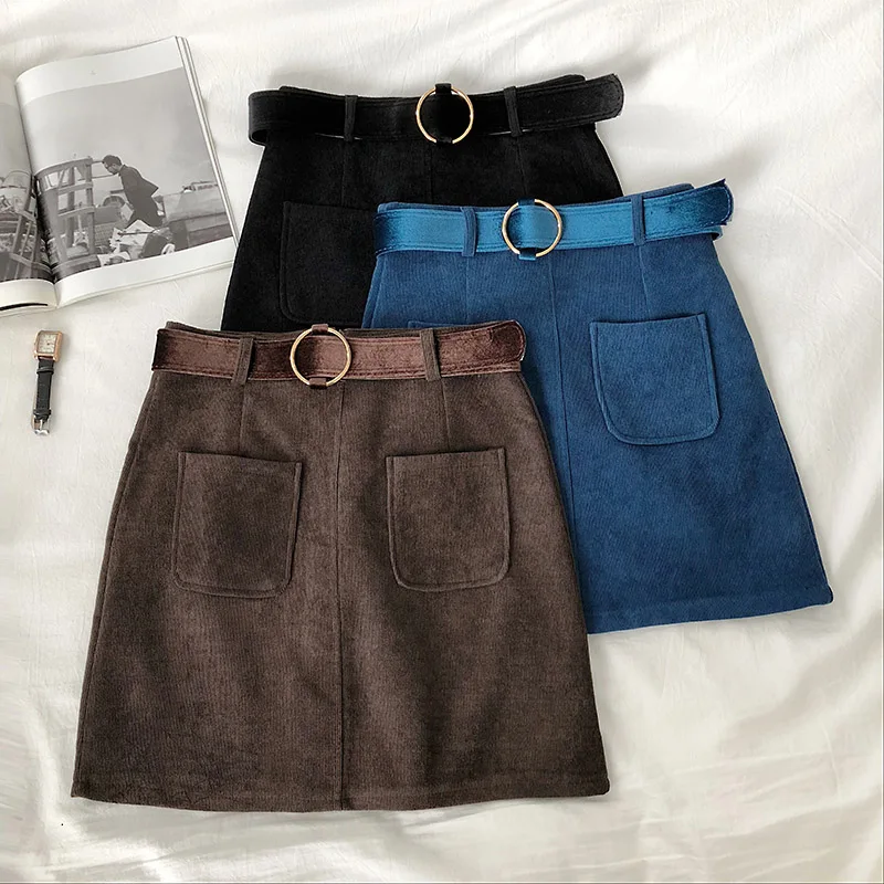 Женская Вельветовая мини юбка повседневная однотонная трапециевидная с поясом и