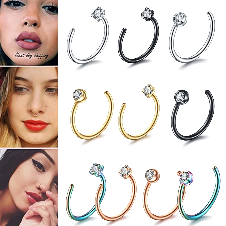 1Pc 20G Nose Ring Hoops Zirconia Gem Clip On Fake Circular Septum Lip Piercing Nostril Steel Eyebrow Ear Piercing Body Jewelry