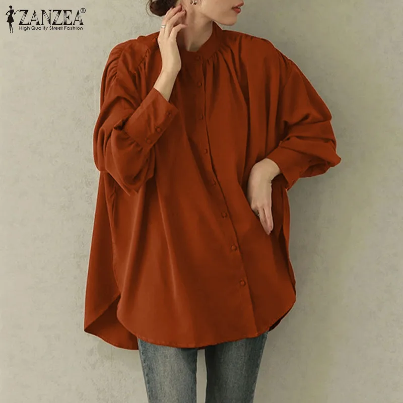 

Women Casual Long Puff Sleeve O Neck Shirt Oversized Solid Work Blouse ZANZEA Vintage Irregular Chemise Autumn Pleated OL Blusas