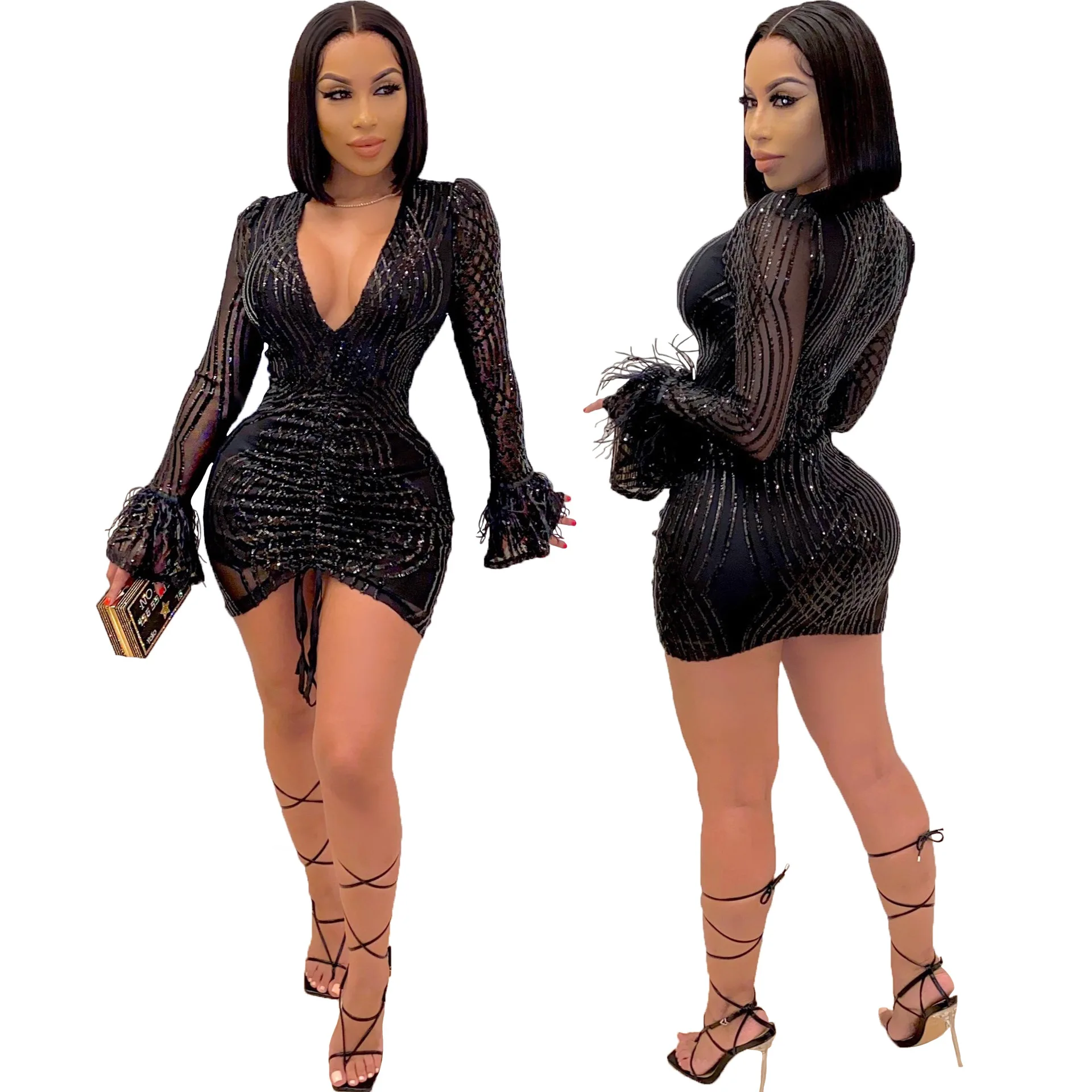 

Женское платье весна-осень 2021, модное однотонное Плиссированное вечернее платье с V-образным вырезом и блестками, соблазнительные женские п...