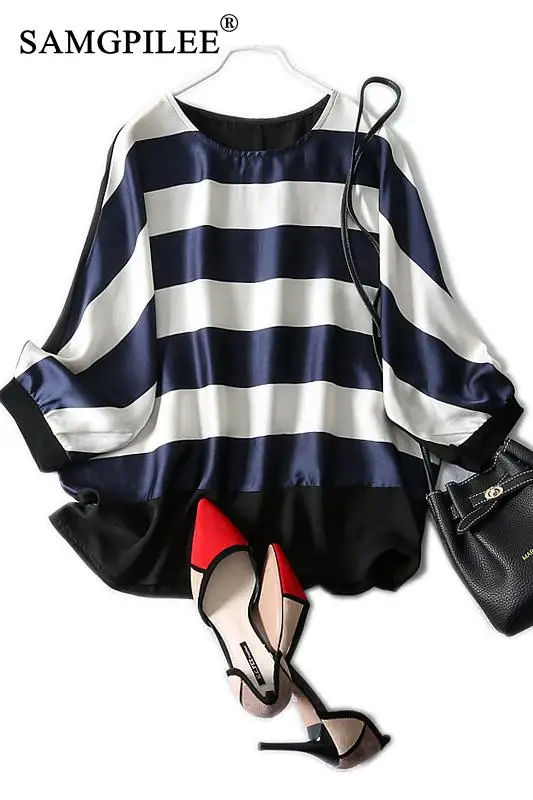 

summer women T-shirts 2021 new Korean O neck raglan sleeve wide horizontal striped chiffon shirt woman three quarter sleeve 4XL