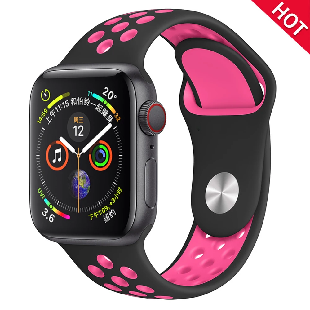 Black bright pink Мягкий силиконовый сменный спортивный ремешок для Apple Watch, 38 мм, 40 мм, серия 1, 2, 3, 4, 5, 42 мм, 44 мм, браслет на запястье, ремешок для iWatch Sports - Цвет ремешка: Black bright pink