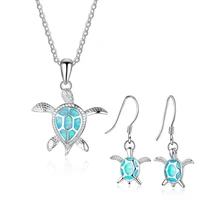 cute turtle animal blue imitation fire opal necklaces with earrings jewelry sets for women accessories statement lover gift