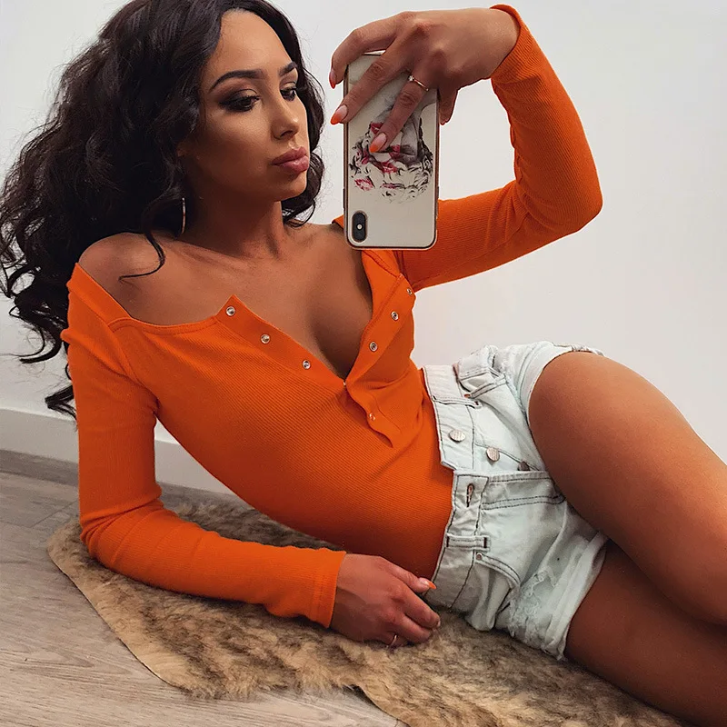 

Sexy Women Autumn Streetwear Bodysuit Ribbed Knitted Skinny Bottons Long Sleeve Bodysuits Square Collar Casual Solid Jumpsuits