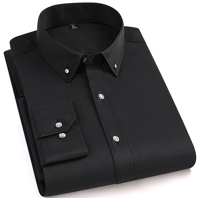 Smart Casual Men Dress Shirt Long Sleeve Fashion Business Diamond Buttons Formal Slim Fit Office Working Cotton Blouse