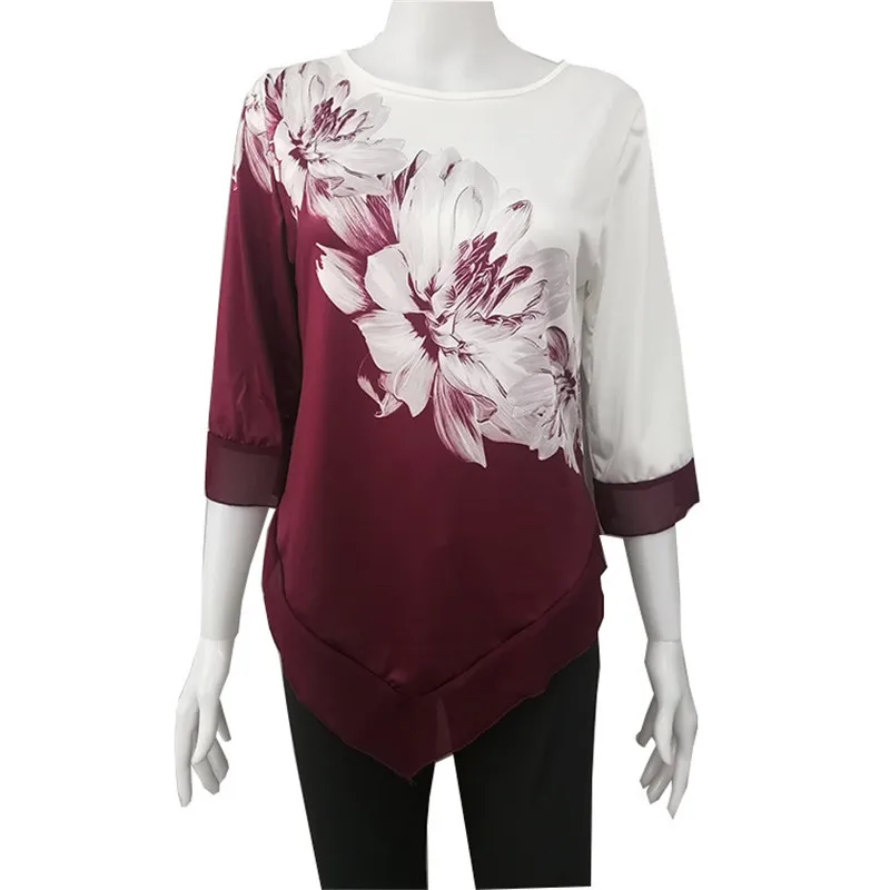 

3XL 4XL 5XL Plus Size Women Flower Print Shirt Long Sleeve Fashion Casual Tops Irregular Oversized Loose Women Clothing T Shirt