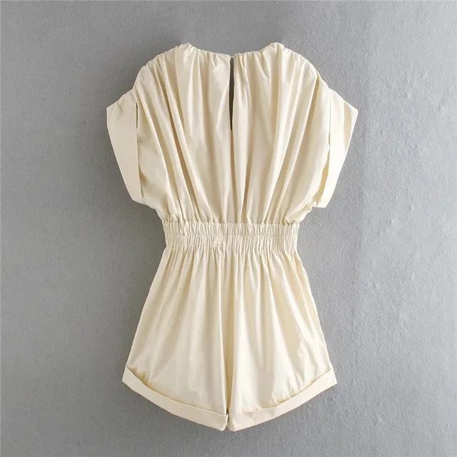 Merodi 2020 women casual summer za beige solid loose playsuits chic lady fashion pleated elastic high waist short jumpsuits chic 6