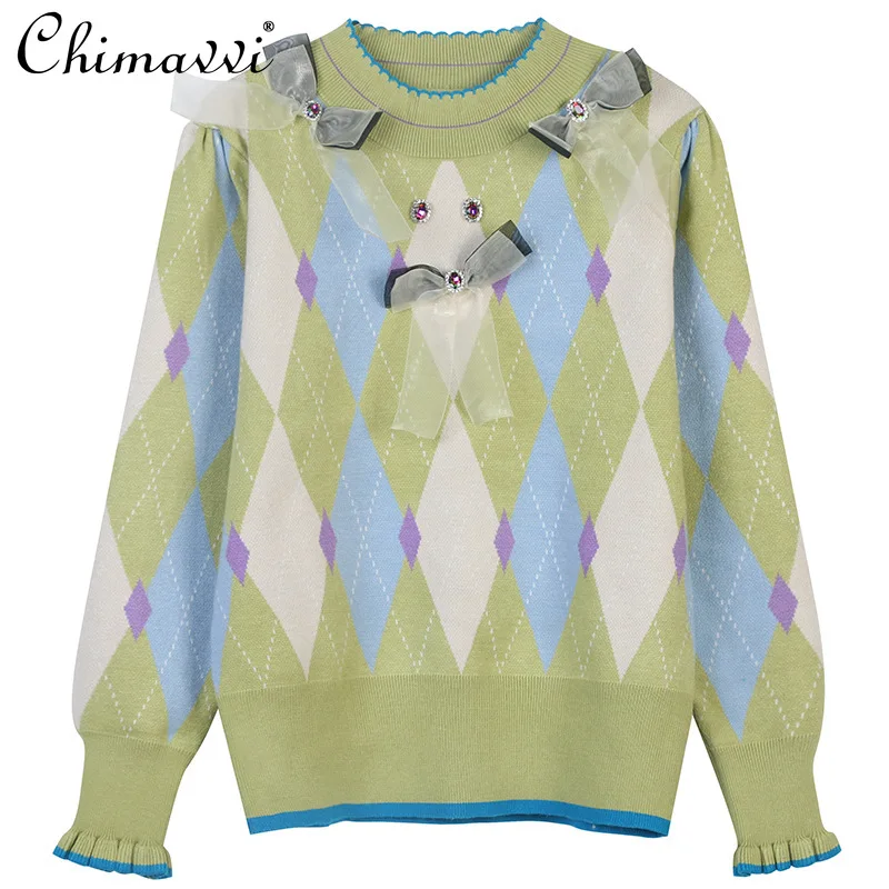 

2022 New Korean Style Rhombus Bow Sweater Autumn Winter Slimming Contrast Color Pullover Female Korean Fashion Knitwear