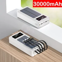 30000mah solar power bank with 4 cables portable charger led digital display powerbank external battery pack poverbank for phone