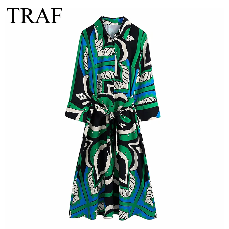 

TRAF ZA Women's Clothing Dress Spring And Autumn Fashion Chic Long Sleeve Dress Woman High Waist Vintage Printed Loose Dresses
